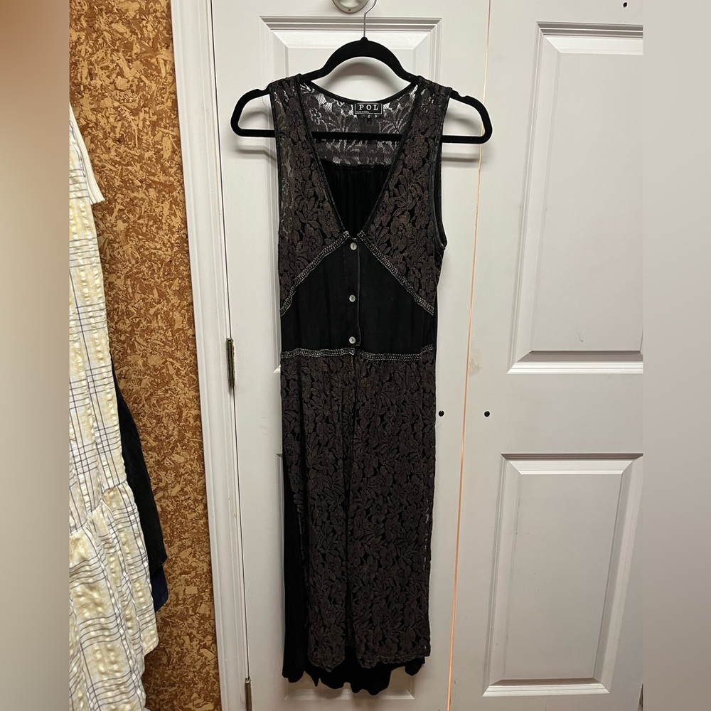 POL Black and Brown Lace Overlay Maxi Vest